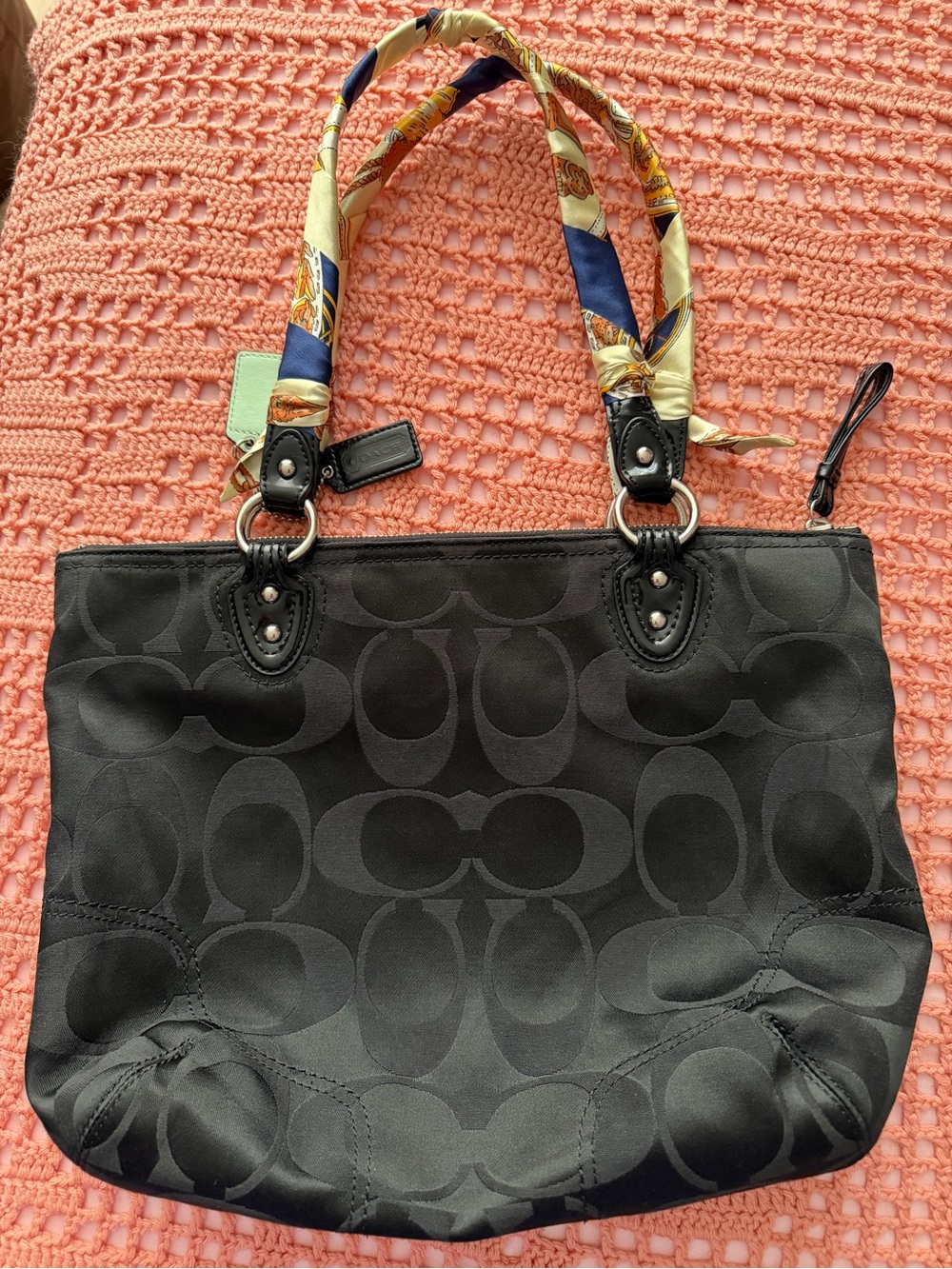 Coach Black Signature Tote with Patterned Scarf Handles